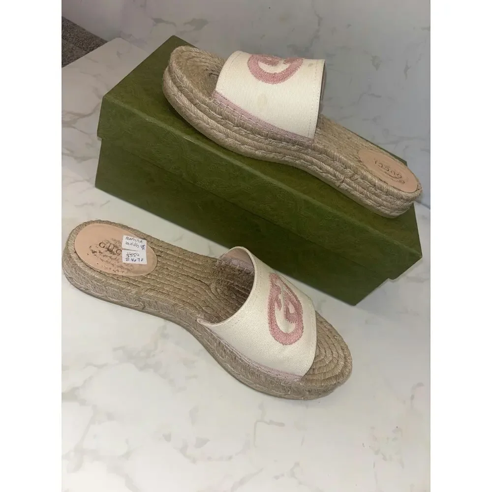 Gucci Espadrille Slides in Cream with Pink Logo - Picture 4 of 5